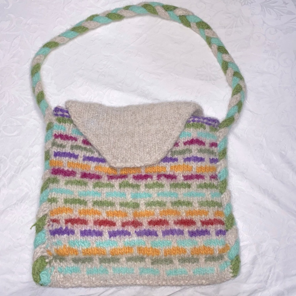 Epic Handmade Felted Wool Crochet Knit Handbag Purse Rainbow Pockets Shoulder